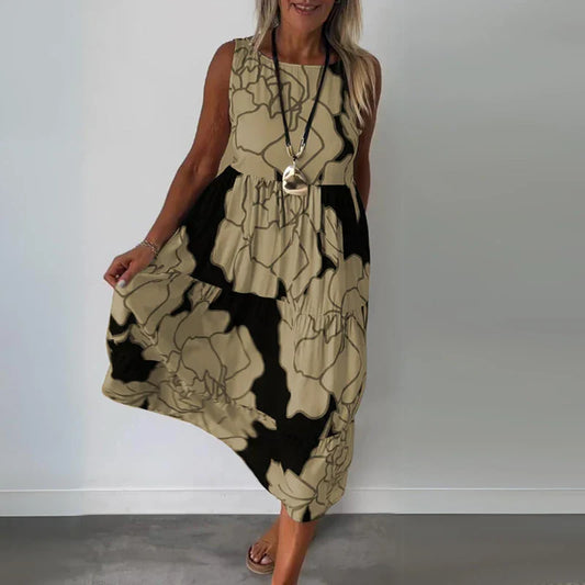 Blumen-Maxikleid Damen, Ärmeloses Langes Kleid Aus Atmungsaktivem Stoff Mit Boatneck-Ausschnitt, Festlich Und Sommerlich