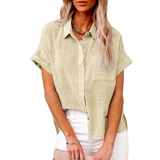 Kurzärmlige Damenbluse aus Leinenoptik im Casual-Look mit lockerem Schnitt-1