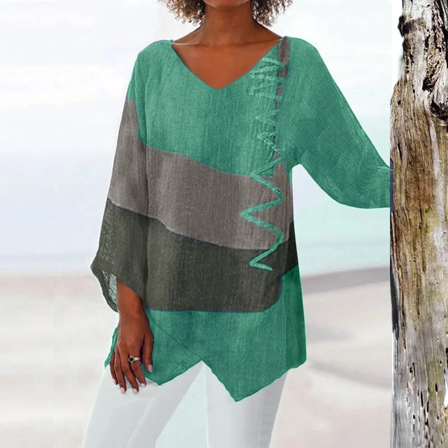 Variant image for Damen T-Shirt Langarmshirt mit V-Ausschnitt im Patchwork-Stil – Trendige Oberteile für jeden Anlass-25
