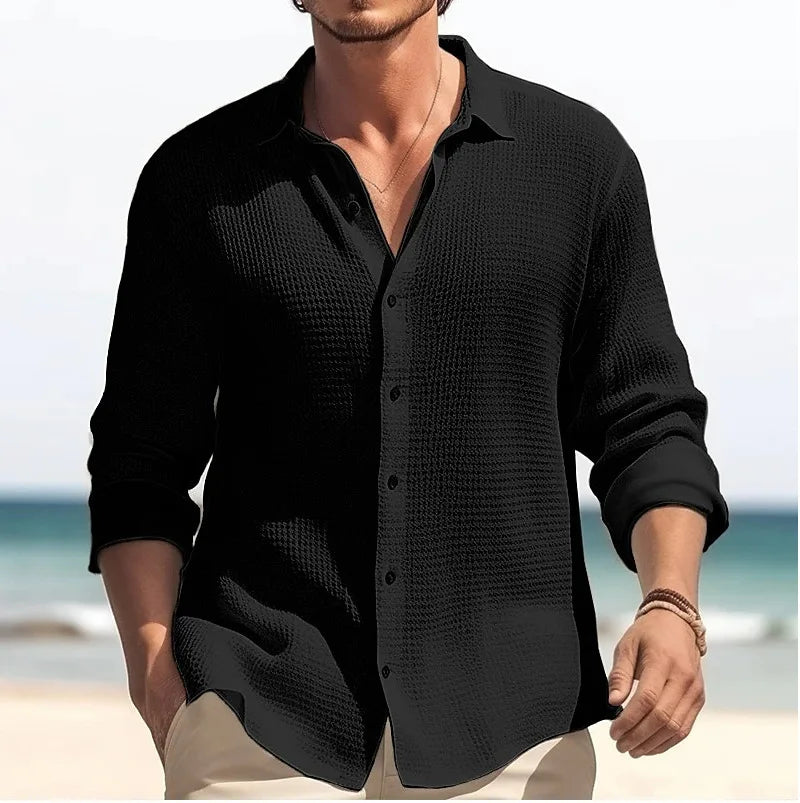 Variant image for Langärmeliges Waffelhemd für Herren – Lässige Schwarze Strickjacke für den Frühling 2025 – Strickjacke Herren-13