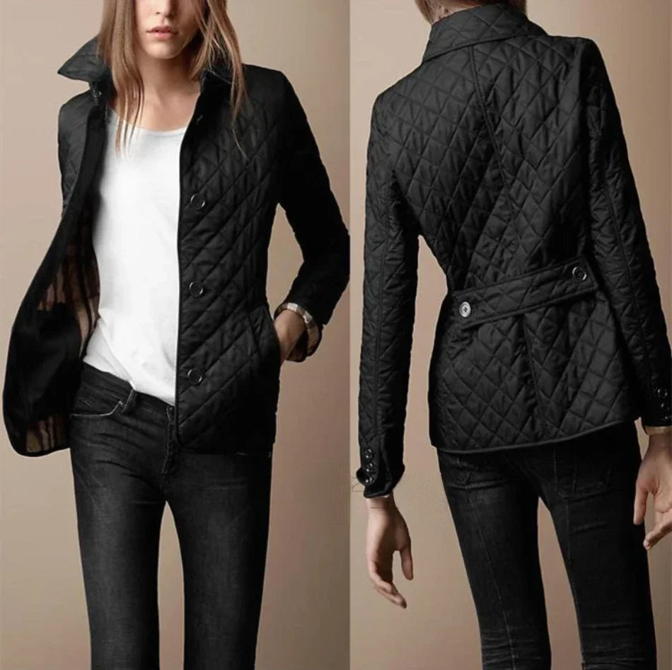 Women’s Diamond Quilted Bomber Jacket Chic Button-Up with Foldable Cuffs