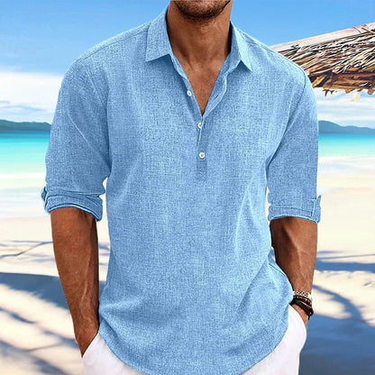 Baumwoll-Leinen Langarm Hemd für Herren - Casual Strandhemd mit Turn-Down-Kragen für Streetwear