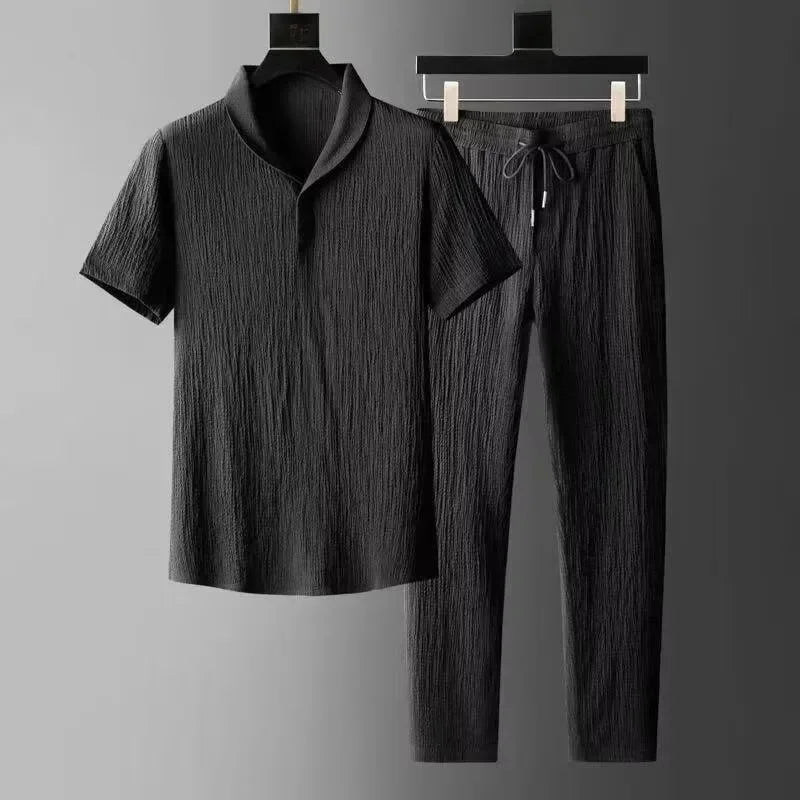 Sommer Ultra-dünner Herrenanzug, Eisseide-Leinen, 2-teiliges Set mit Jacke und T-Shirt, Bequeme Passform für Aktive 2