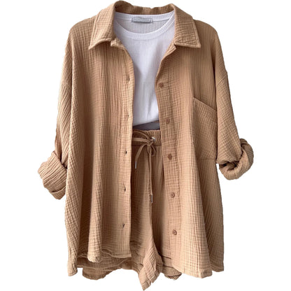 Variant image for Zweiteiliger Modeanzug für Frauen mit Falten-Revers-Hemd und hoch taillierten Shorts, stilvoll und bequem für jeden Anlass-16
