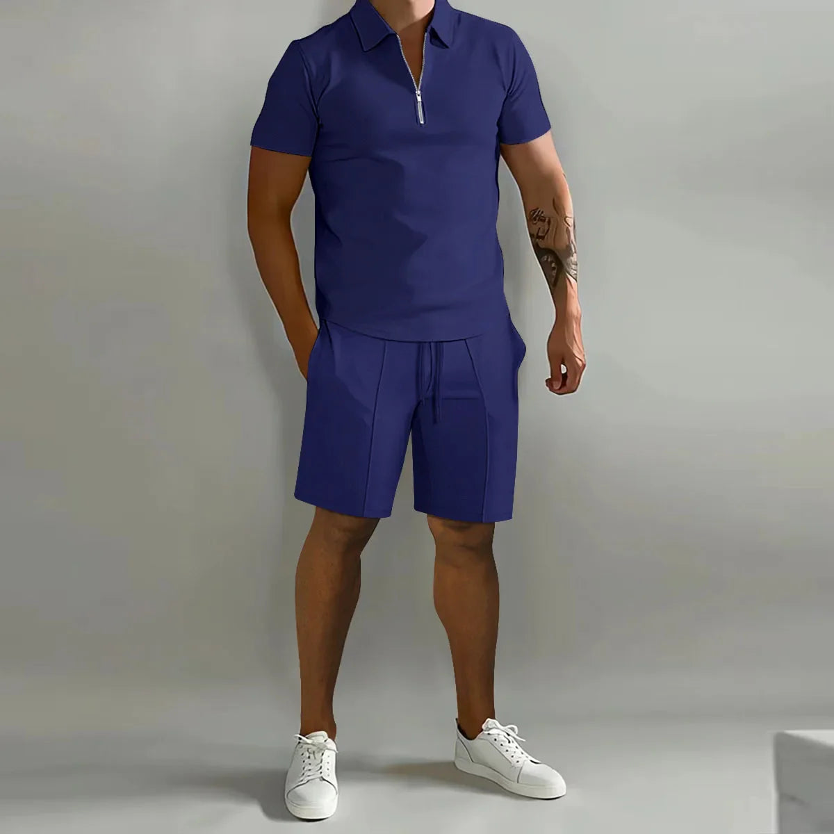 Variant image for Festes Farbpolo-Hemd Und Vertikale Streifenhosen Set - Lässige Sportkleidung Für Freizeit Und Sport-43