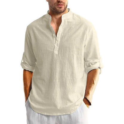 Variant image for Herren Leinen Hemd Langarm Casual Strand Sommer Hemd mit Bandenkragen-41
