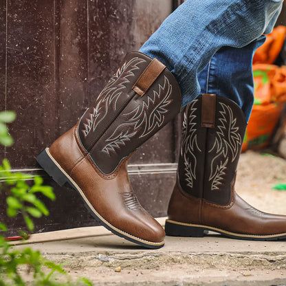 Men’s Western Cowboy Boots Embroidered Classic Mid-Calf Square Toe