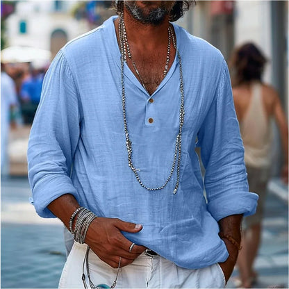 Baumwoll-Leinen Button-Up Sommer Strandhemd Langarm Freizeithemd für Frühling und Sommer