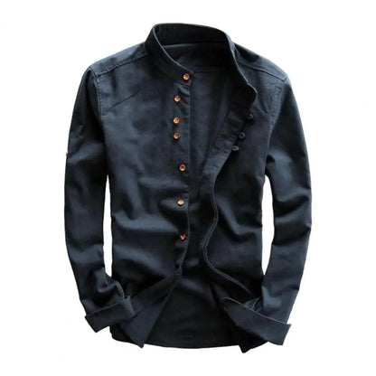 Variant image for Herren Hemd Langarm Einfarbig Vintage Slim Fit mit Stehkragen und Knöpfen - Herrenhemden Langarm für Jede Gelegenheit-16