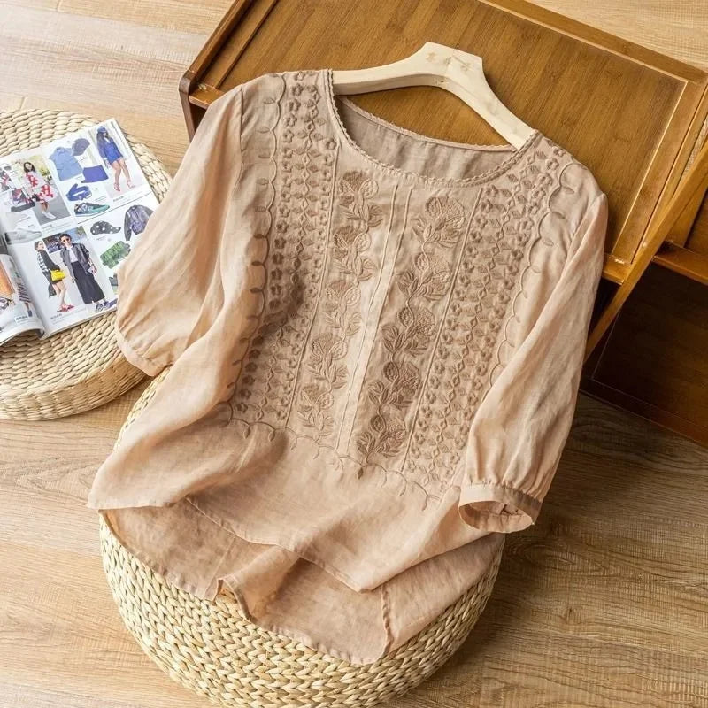 Elegante Gestickte Frauenbluse, Langärmlige Plus-Size-Tops Mit Schmeichelhafter Passform-5