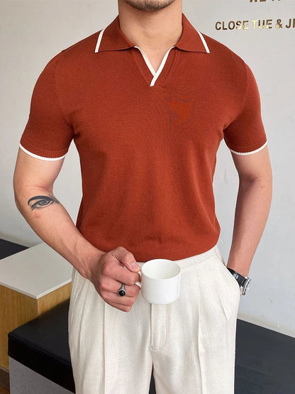 Modernes Baumwoll-Polohemd Herren, Kurzarm, Atmungsaktiver Stoff, Patchwork-Design-5