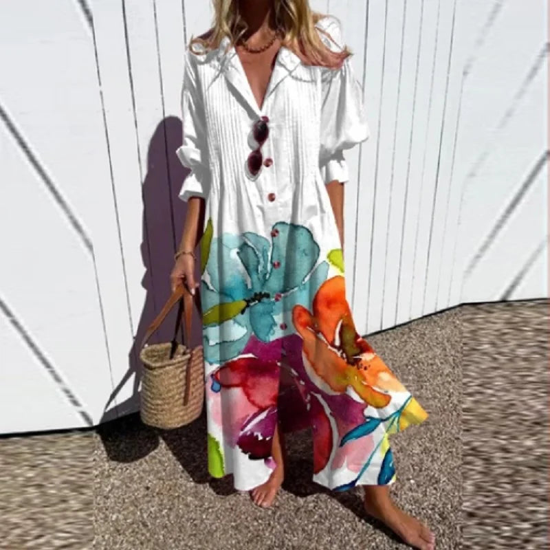 Variant image for Boho Blumenmaxikleid Damen, Eleganter Tiefer V-Ausschnitt, Fließende Silhouette, Leichtes Sommer Maxikleid-25