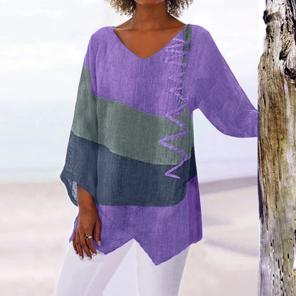 Damen T-Shirt Langarmshirt mit V-Ausschnitt im Patchwork-Stil – Trendige Oberteile für jeden Anlass-5