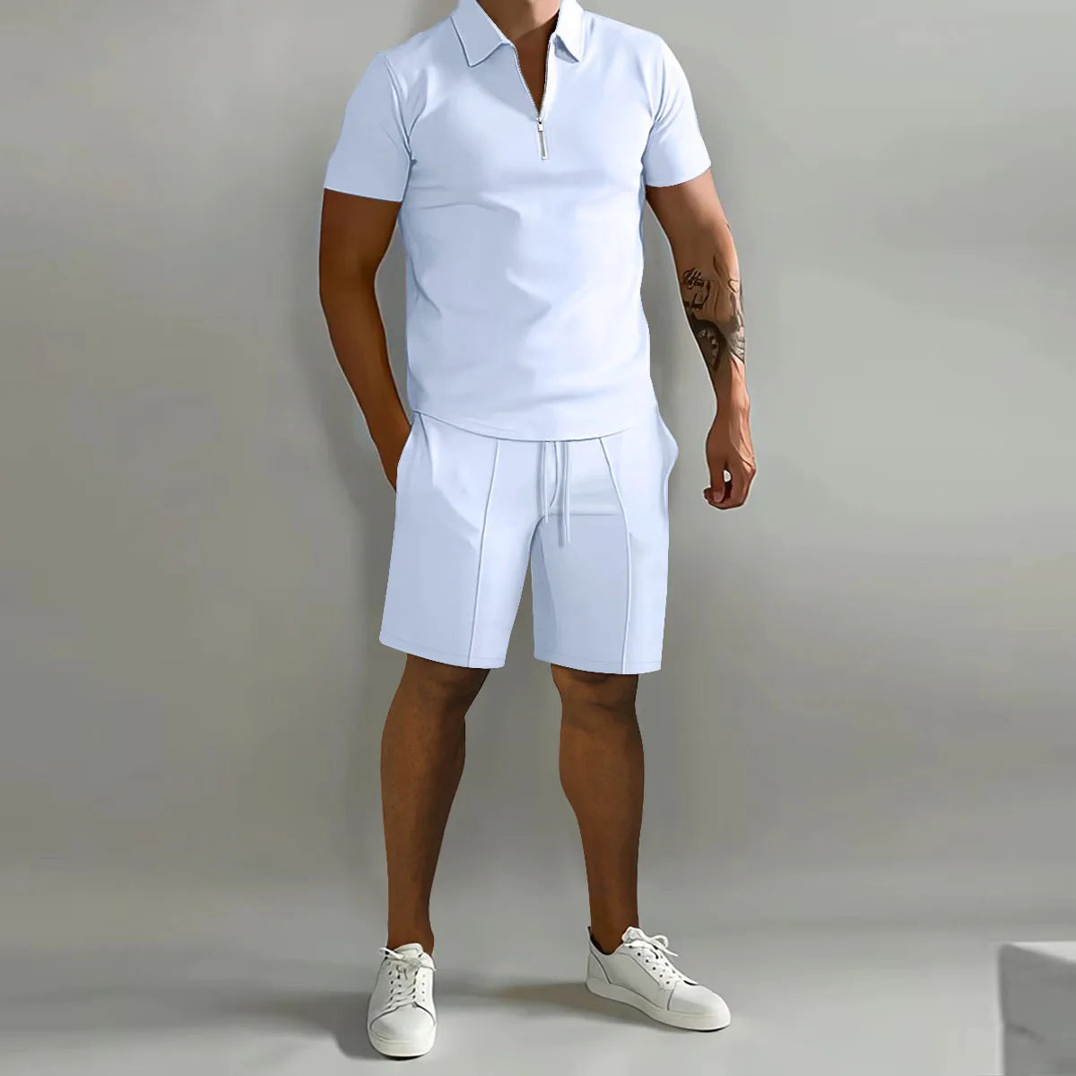 Festes Farbpolo-Hemd Und Vertikale Streifenhosen Set - Lässige Sportkleidung Für Freizeit Und Sport-3
