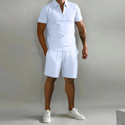 Festes Farbpolo-Hemd Und Vertikale Streifenhosen Set - Lässige Sportkleidung Für Freizeit Und Sport-3