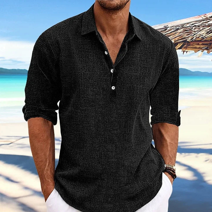 Baumwoll-Leinen Langarm Hemd für Herren - Casual Strandhemd mit Turn-Down-Kragen für Streetwear