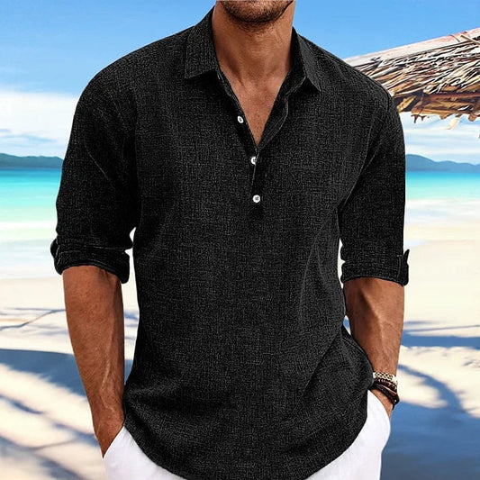 Baumwoll-Leinen Langarm Hemd für Herren - Casual Strandhemd mit Turn-Down-Kragen für Streetwear