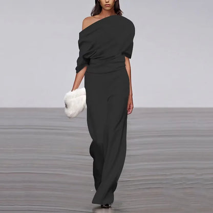 Chic Draped Off-Shoulder Jumpsuit Modern Wide-Leg Elegance