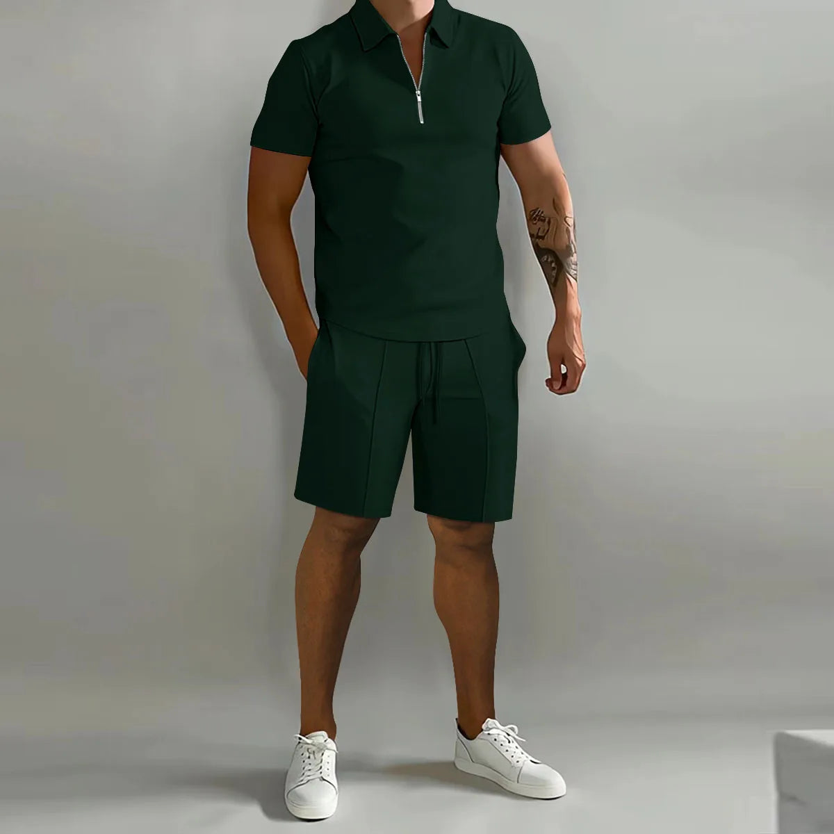 Variant image for Festes Farbpolo-Hemd Und Vertikale Streifenhosen Set - Lässige Sportkleidung Für Freizeit Und Sport-37