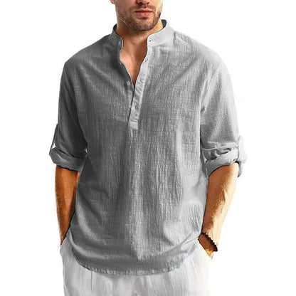 Variant image for Herren Leinen Hemd Langarm Casual Strand Sommer Hemd mit Bandenkragen-30