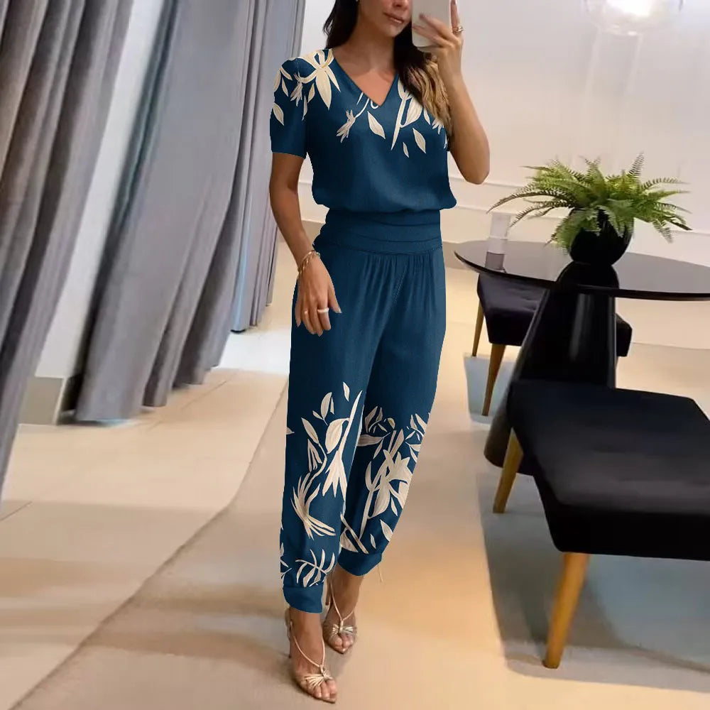 Damen Outfit: Pullover-Shirt und Hosen Set mit Sommer Blumendruck - Komplette Outfits Damen-5