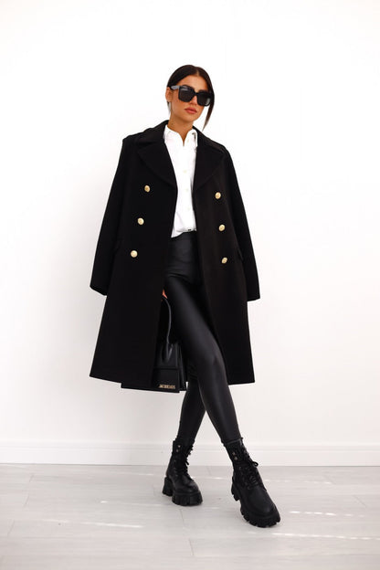 Women’s Classic Long Coat Gold Button Double-Breasted Style