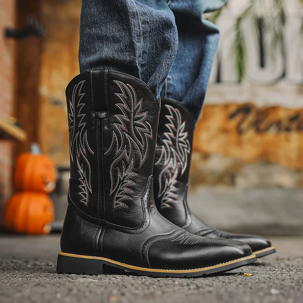 Men’s Western Cowboy Boots Embroidered Classic Mid-Calf Square Toe