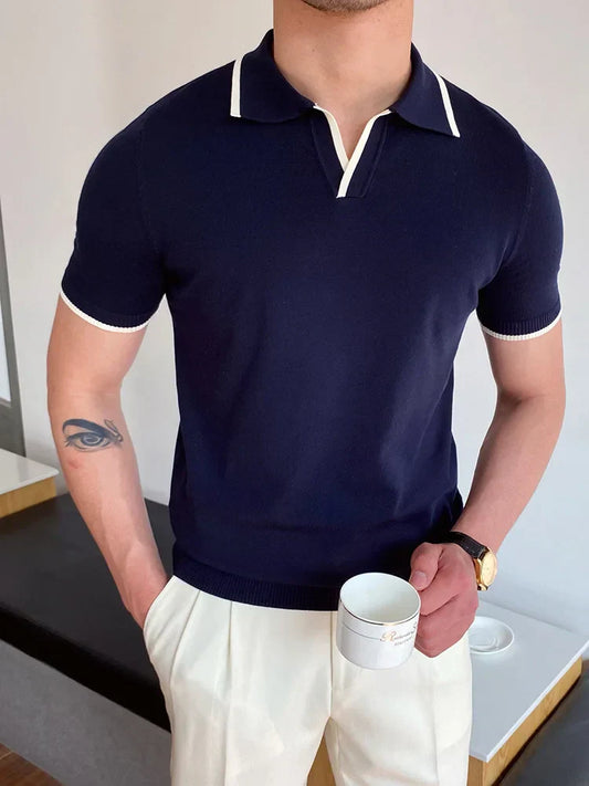 Modernes Baumwoll-Polohemd Herren, Kurzarm, Atmungsaktiver Stoff, Patchwork-Design-1