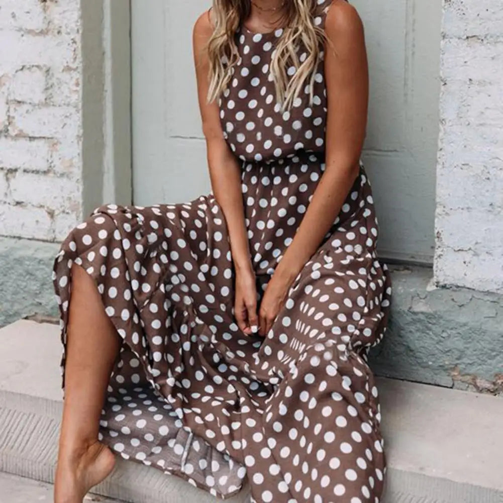 Women’s Polka Dot Maxi Dress Flowing Sleeveless Casual Look