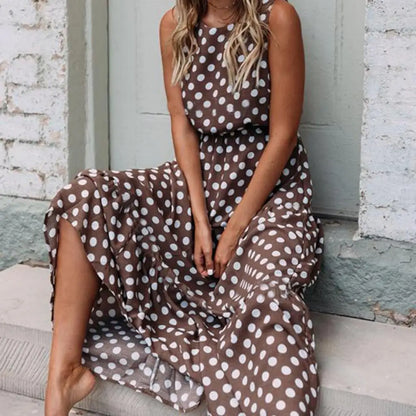 Women’s Polka Dot Maxi Dress Flowing Sleeveless Casual Look