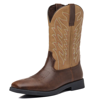 Men’s Western Cowboy Boots Embroidered Classic Mid-Calf Square Toe