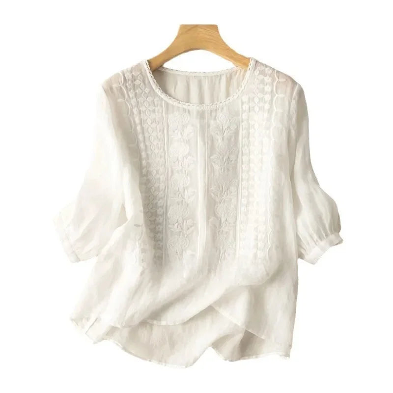 Variant image for Elegante Gestickte Frauenbluse, Langärmlige Plus-Size-Tops Mit Schmeichelhafter Passform-11