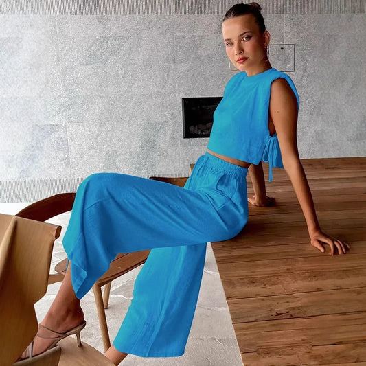 Frauen Leinen Pant Set mit Crop Tops – 2-teiliges Outfit für Damen für den Urlaub-4