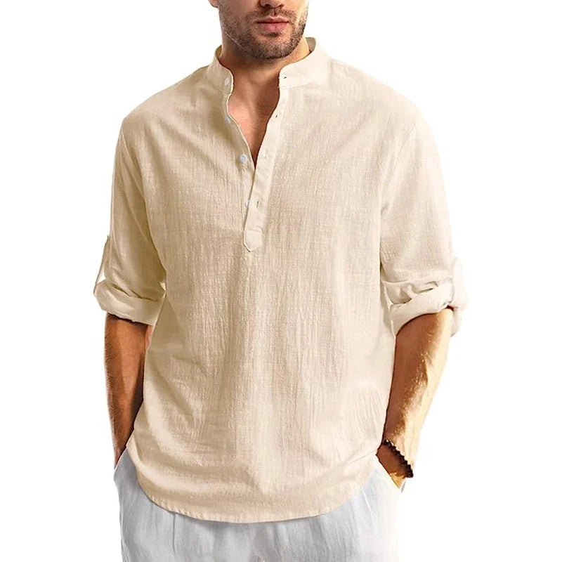 Variant image for Herren Leinen Hemd Langarm Casual Strand Sommer Hemd mit Bandenkragen-49
