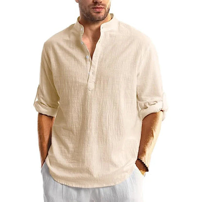 Variant image for Herren Leinen Hemd Langarm Casual Strand Sommer Hemd mit Bandenkragen-49