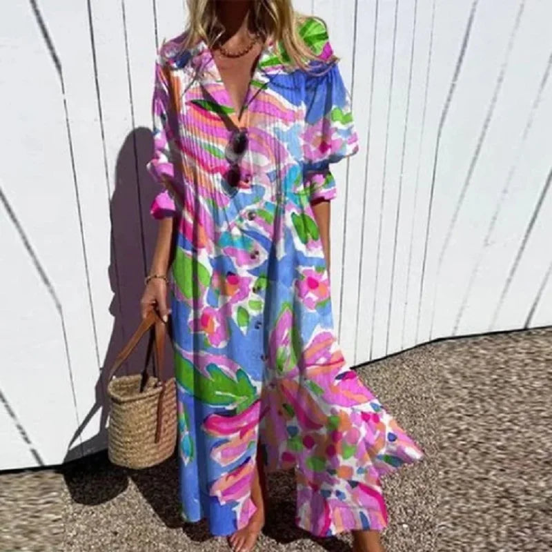Boho Blumenmaxikleid Damen, Eleganter Tiefer V-Ausschnitt, Fließende Silhouette, Leichtes Sommer Maxikleid