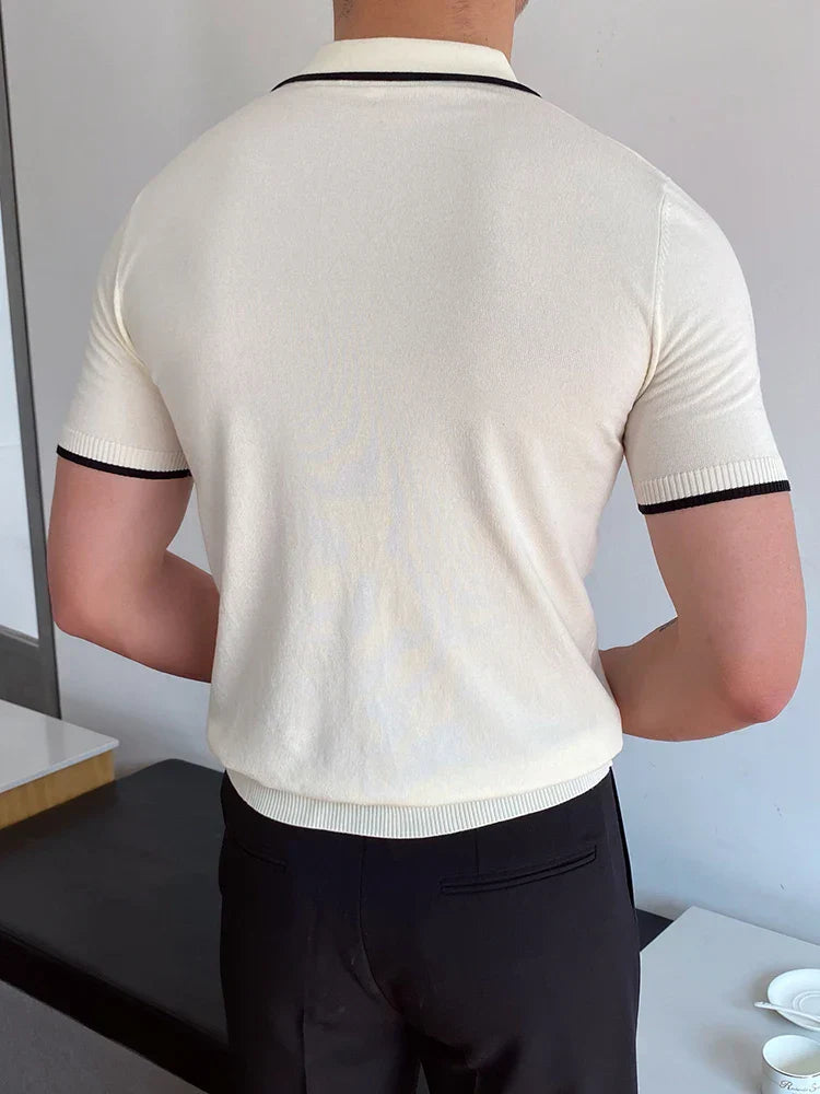 Modernes Baumwoll-Polohemd Herren, Kurzarm, Atmungsaktiver Stoff, Patchwork-Design-3