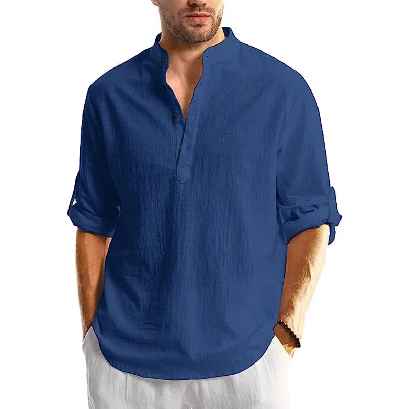 Variant image for Herren Leinen Hemd Langarm Casual Strand Sommer Hemd mit Bandenkragen-33