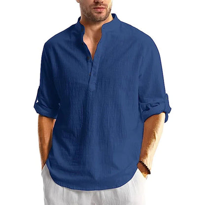 Variant image for Herren Leinen Hemd Langarm Casual Strand Sommer Hemd mit Bandenkragen-33