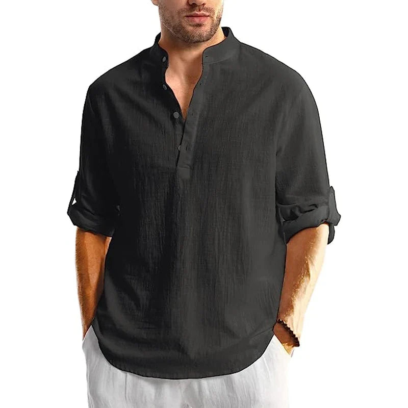 Variant image for Herren Leinen Hemd Langarm Casual Strand Sommer Hemd mit Bandenkragen-9