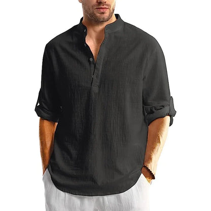Variant image for Herren Leinen Hemd Langarm Casual Strand Sommer Hemd mit Bandenkragen-9