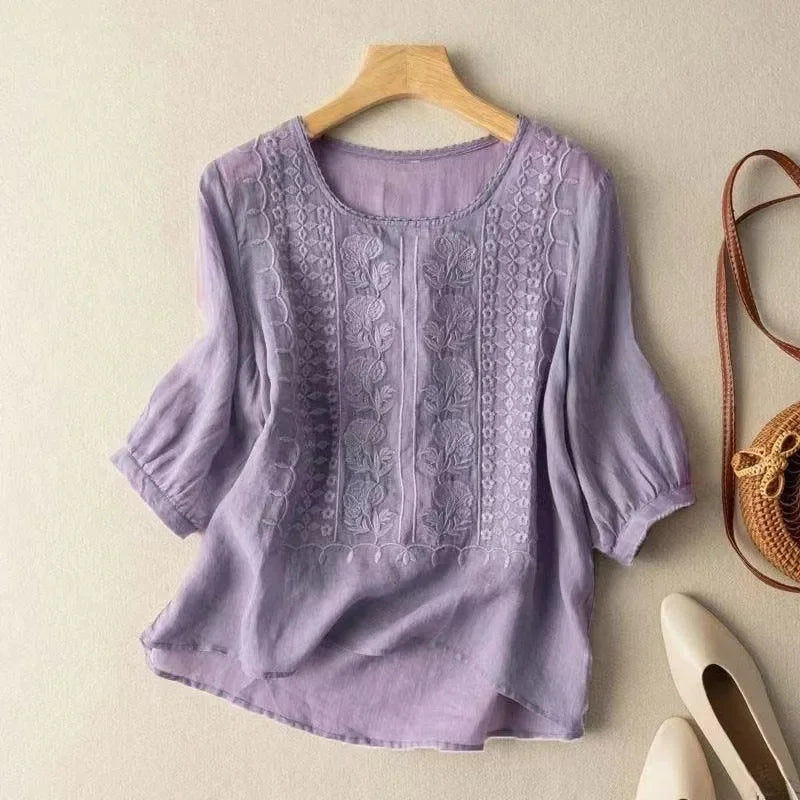 Elegante Gestickte Frauenbluse, Langärmlige Plus-Size-Tops Mit Schmeichelhafter Passform-6