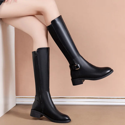 Women’s Black Knee-High Boots Elegant Buckle Detail & Side Zip