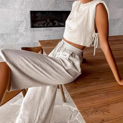 Frauen Leinen Pant Set mit Crop Tops – 2-teiliges Outfit für Damen für den Urlaub-2