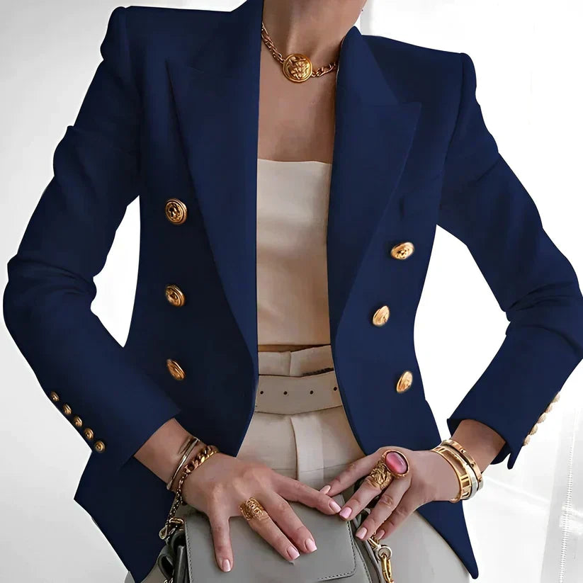 Women's Classic Black Blazer Double-Breasted Design with Gold Accents