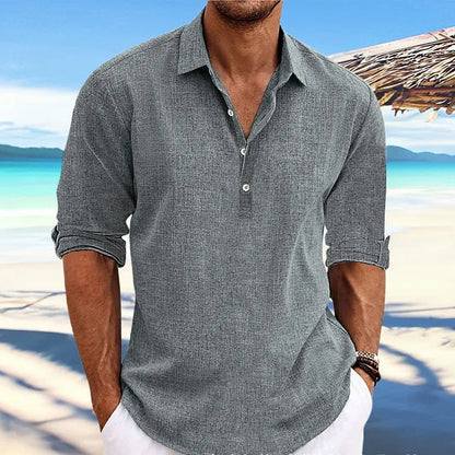 Baumwoll-Leinen Langarm Hemd für Herren - Casual Strandhemd mit Turn-Down-Kragen für Streetwear