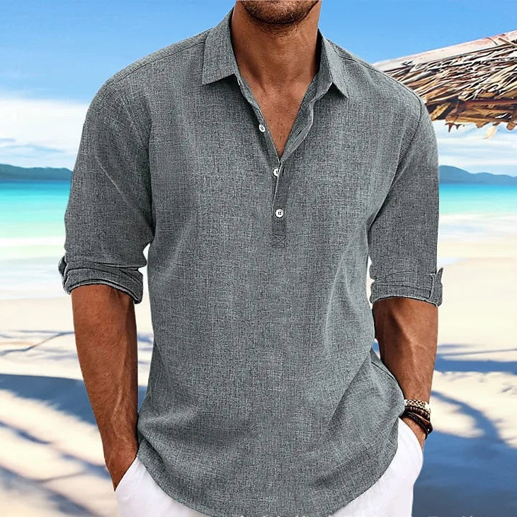Variant image for Baumwoll-Leinen Langarm Hemd für Herren - Casual Strandhemd mit Turn-Down-Kragen für Streetwear-13