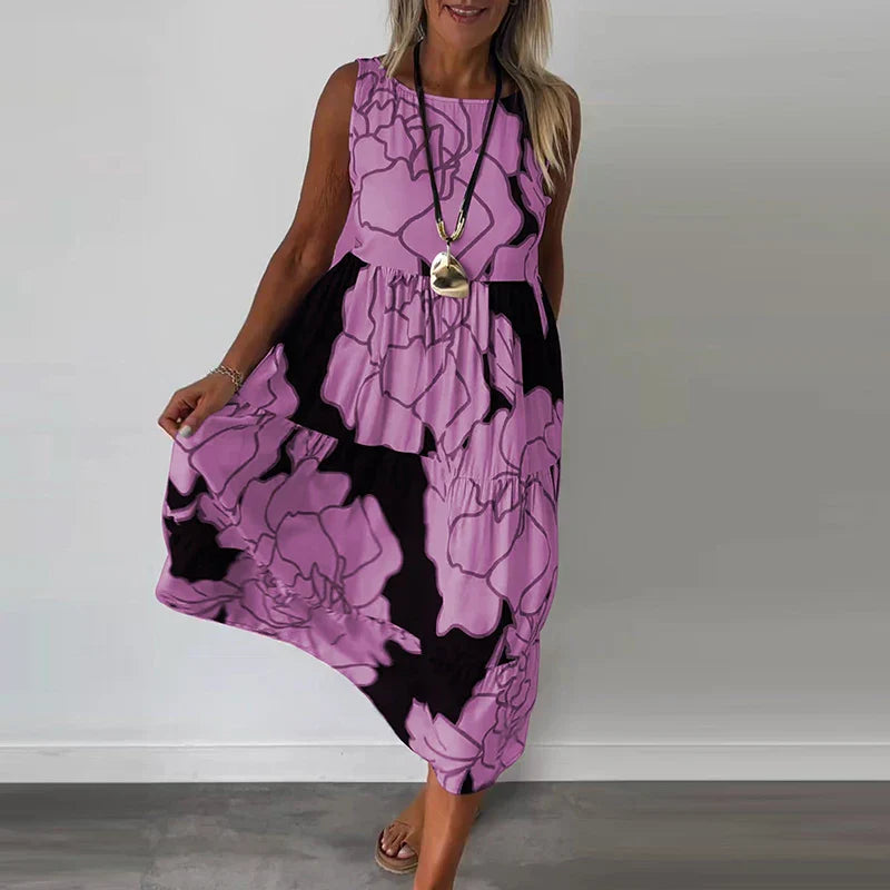 Variant image for Blumen-Maxikleid Damen, Ärmeloses Langes Kleid Aus Atmungsaktivem Stoff Mit Boatneck-Ausschnitt, Festlich Und Sommerlich-7
