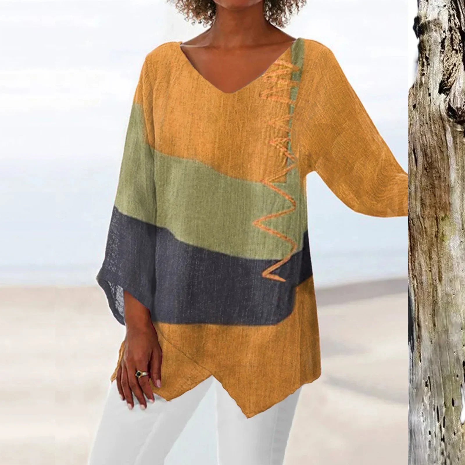 Damen T-Shirt Langarmshirt mit V-Ausschnitt im Patchwork-Stil – Trendige Oberteile für jeden Anlass-4