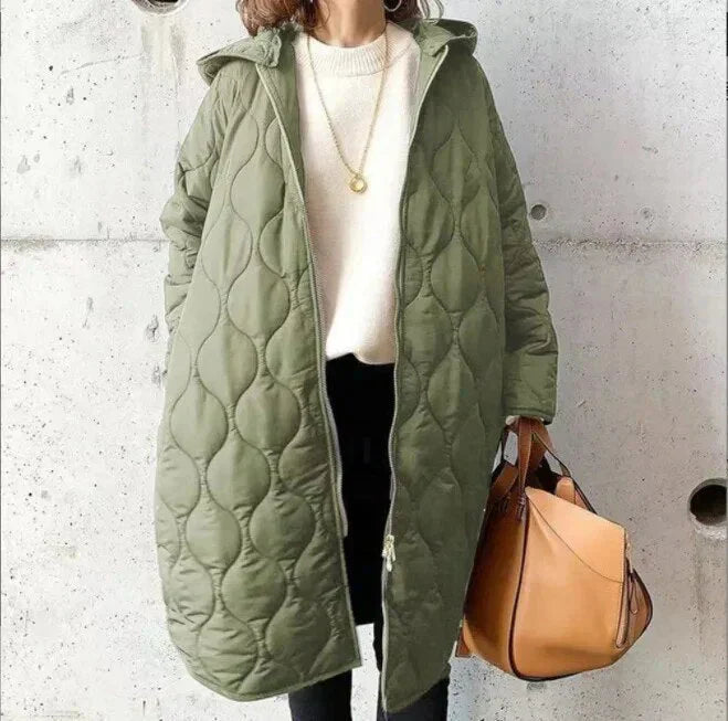 Women’s Long Quilted Coat with Hood Stylish Full-Zip Design